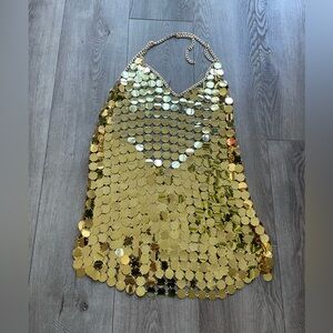 Francesca's Collections | Dresses | Francescas Roxanna Gold Sequin Chain  Sheer Halter Mini Festival Dress Large Xl | Poshmark